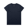 A navy blue t-shirt featuring a round neckline and short sleeves, with a logo on the inside label.