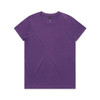 A purple t-shirt with a round neck and short sleeves, featuring a logo on the interior label.