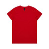 A red t-shirt featuring a simple crew neck design and a branding label at the neckline.