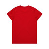 A red T-shirt featuring a plain design and a logo on the back.