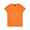 An orange T-shirt with a round neckline and short sleeves, featuring a logo on the tag.