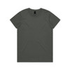 A plain dark grey t-shirt with a round neckline and short sleeves, featuring a logo on the label.