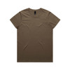 A brown t-shirt with a round neck and short sleeves, featuring a logo on the label.