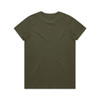 An olive green T-shirt with a classic crew neckline and short sleeves, featuring a logo on the back.