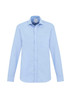 A light blue long sleeve button-up shirt with a chest pocket and a logo.