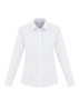 A white women's button-up shirt with long sleeves and a classic collar. It features a branded logo.