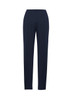 A pair of women's navy slacks with a tapered fit and a back pocket, featuring a subtle logo.