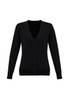 A black women's knitted cardigan featuring a V-neck and button front closure. The sleeves are long and fitted.
