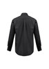 A black long sleeve shirt with a button-up design and a logo on the back.