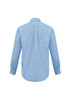 A light blue long sleeve button-up shirt with a back pleat and cuffed sleeves. Features a logo.
