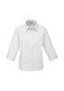 A women's white button-up shirt with 3/4 sleeves and a classic collar, featuring a logo.