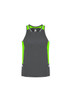 A men's singlet in grey with bright green accents and a logo on the chest. Suitable for sportswear.