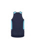 A navy blue singlet with light blue accents and a logo on the back.