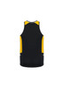 A black and yellow men's singlet featuring a logo, designed for athletic wear.