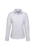 A long sleeve button-up shirt in light grey, featuring a collar and a front placket with buttons. It has a logo.