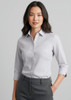A light grey women's button-up shirt with 3/4 sleeves, featuring a collar and a front button closure.