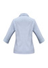 A light blue women's button-up shirt with 3/4 sleeves and a collar, featuring a logo on the back.