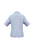 A light blue women's button-up shirt with short sleeves and a back view. Features a logo on the upper back.