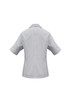 A light grey women's short sleeve button-up shirt featuring a collar and rolled sleeves. It has a subtle logo.