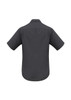 A short sleeve button-up shirt in a solid dark grey colour, featuring a back view and a logo.