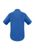 A blue short sleeve button-up shirt featuring a back yoke and has a logo.