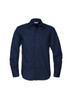 A navy blue long sleeve button-up shirt with a collar and a pocket, featuring a logo on the chest.