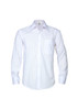 A white long sleeve button-up shirt with a single chest pocket and a logo on the collar.