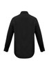 A black long sleeve button-up shirt with a collar and back yoke design. Features a logo on the label.