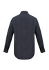 A dark navy long sleeve button-up shirt with a standard collar and logo on the back.