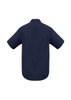 A navy short sleeve button-up shirt with a smooth back design and no visible logos.