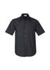 A black men's button-up short sleeve shirt with a collar and a single chest pocket.