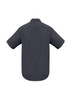 A dark grey men's short sleeve button-up shirt with a collar and a logo on the back.