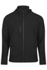 A black jacket featuring zippered pockets and a hood, designed for kids. It has a logo on the front.