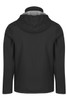 A black jacket with a hood, featuring a smooth design and a minimalist style on the back.