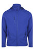A blue jacket with a zippered front and hood, featuring side pockets and a sleek design. It has a logo on it.