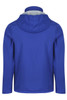 A blue children's jacket featuring a hood, designed with a smooth exterior and an interior lining.