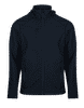 A navy jacket with a hood, featuring zippered pockets and a sleek design, includes a logo.