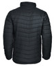 A black puffer jacket with a quilted design, featuring a high collar and no visible branding on the back.