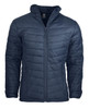 A navy blue men's jacket with a quilted design, featuring a front zip and side pockets. It includes branding.
