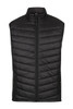 A black insulated work vest with a quilted design and zippered pockets. It features a high collar and a branding logo.
