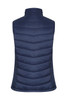 A navy puffer vest with a high collar and quilted design, featuring a branding logo.