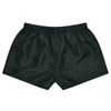 Dark green rugby shorts with an elastic waistband and a smooth, shiny fabric. Features a logo on the side.