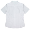 A white short-sleeve button-up shirt with a collar and a logo on the back.