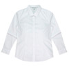 A long sleeve button-up shirt in white, featuring a collar and a branded logo.