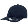 A navy blue dad hat with a curved brim and a logo on the front.