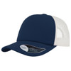 A navy blue trucker cap with a white mesh back and mid visor, featuring a logo on the front. A navy blue trucker cap with a white mesh back and mid visor, featuring a logo on the front.