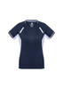 A navy blue women's short sleeve tee with white accents and a logo. Designed for comfort and style.