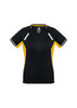 A black and yellow women's short sleeve tee with contrasting side panels and reflective detailing. It features a logo.