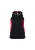 A black and red women's singlet with a fitted design and contrasting panel details, featuring a logo.