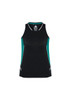 A black singlet with teal accents, featuring a logo on the front. Suitable for women's activewear.